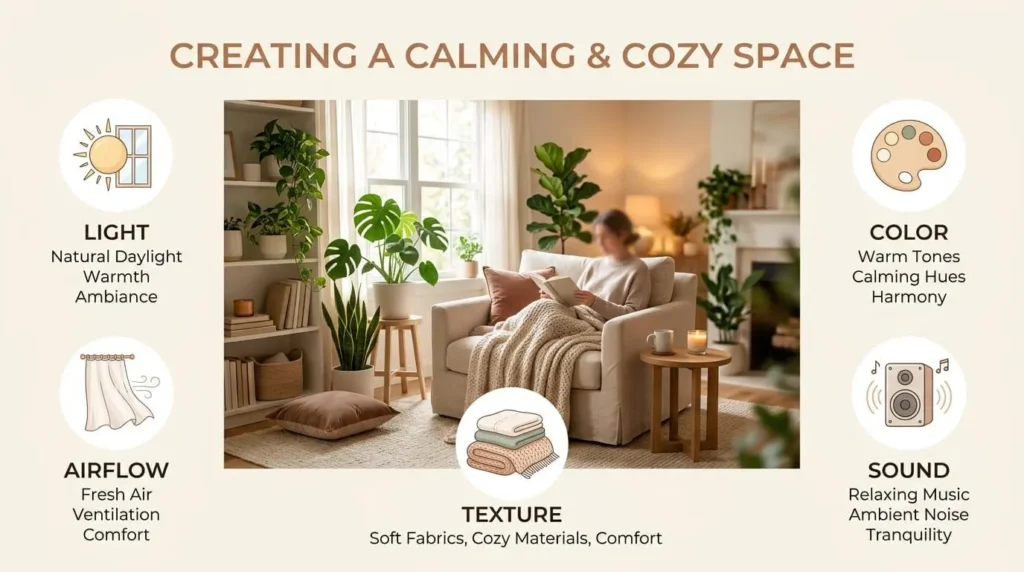 Infographic showing how light, color, airflow, texture, and sound affect mood in a home environment