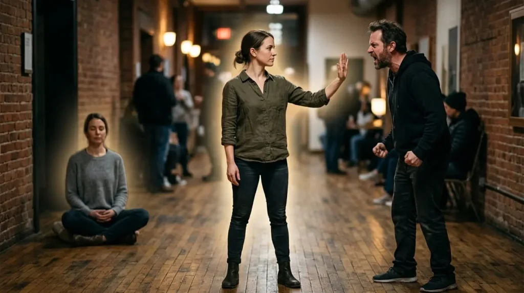 Calm person setting firm boundaries instead of passively tolerating negative behavior