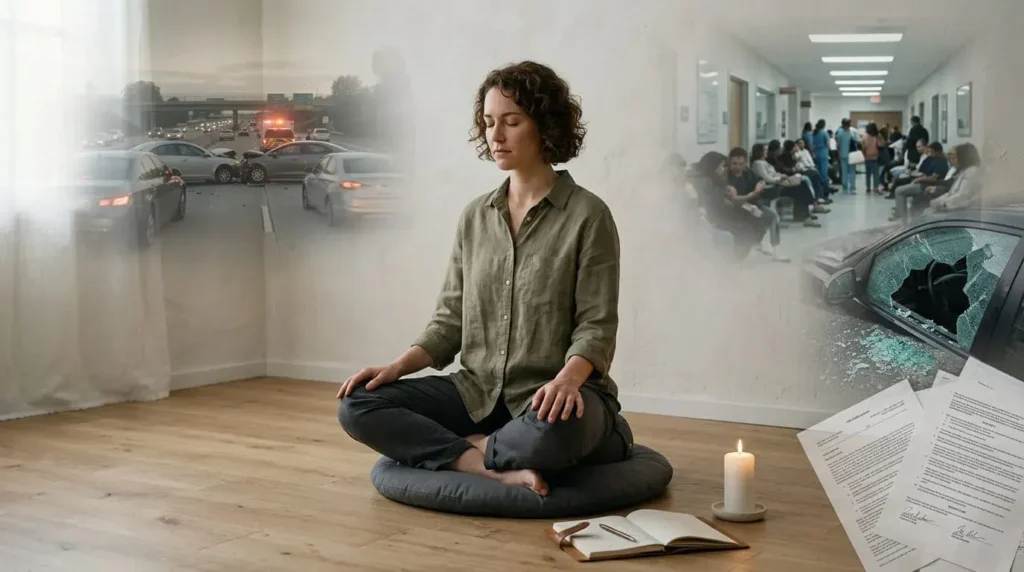 Meditative person surrounded by real-life challenges showing spirituality does not prevent hardship