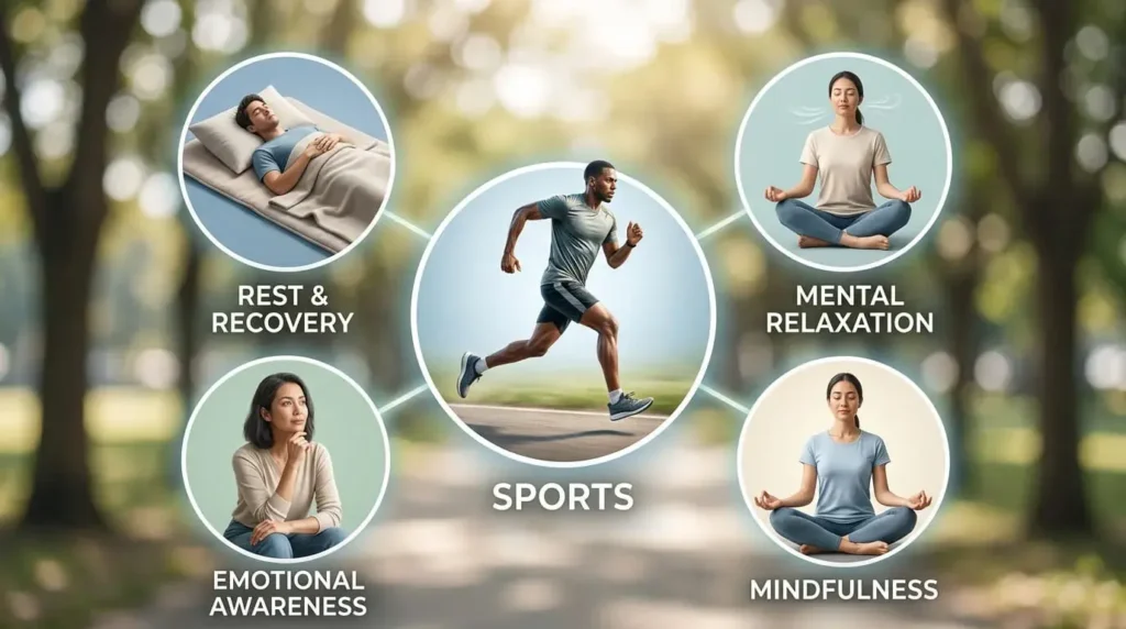 Infographic showing that sports support wellbeing but must be balanced with rest, mindfulness, and emotional health