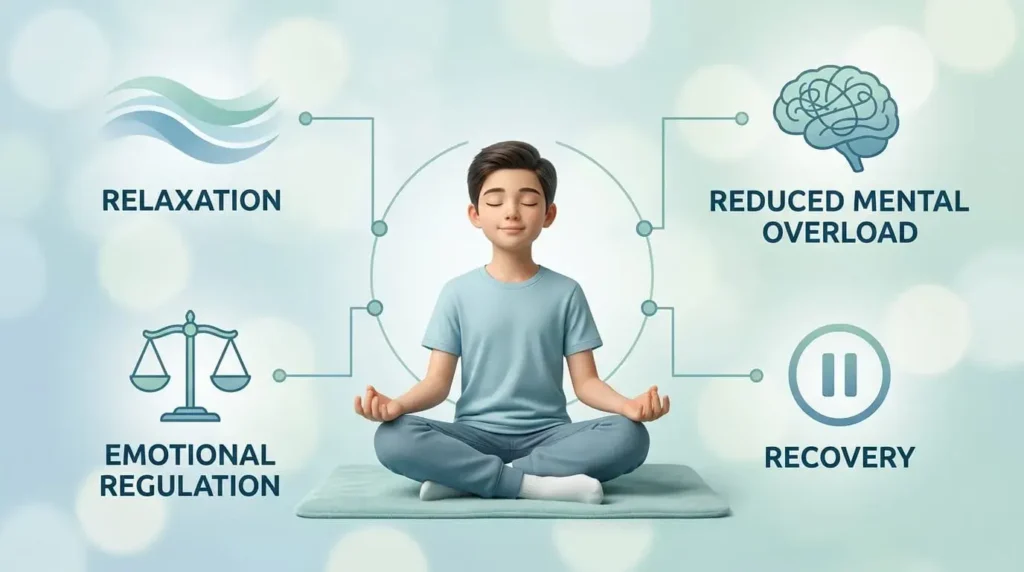 Infographic showing key benefits of meditation for students including relaxation and focus
