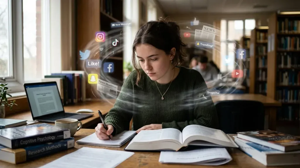 Student struggling with mental distractions while studying at a desk