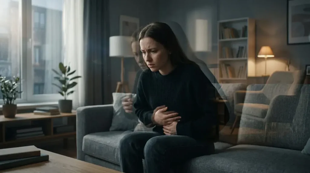 woman sitting on couch having anxiety attack