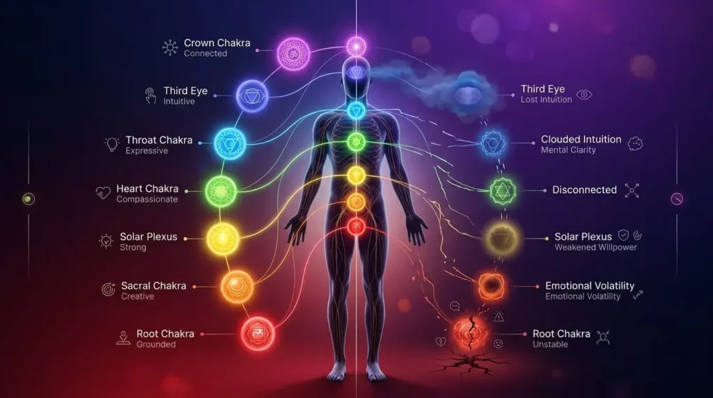 Infographic showing how alcohol affects the root chakra, solar plexus chakra, and third eye chakra