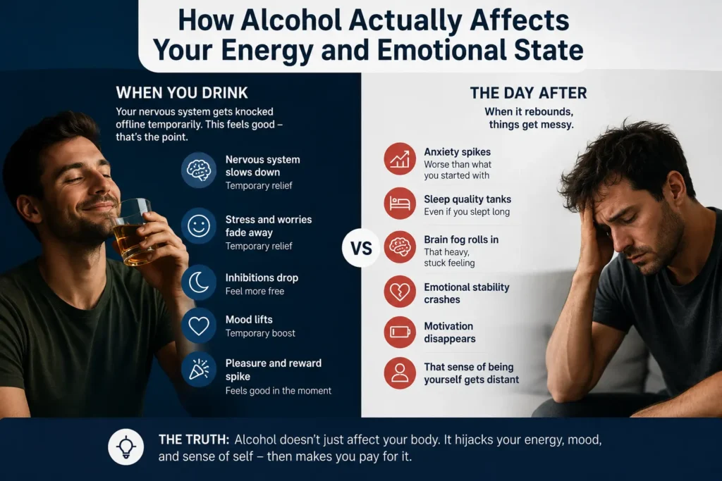 Side by side infographic showing alcohol effects during drinking and the emotional and mental effects the next day