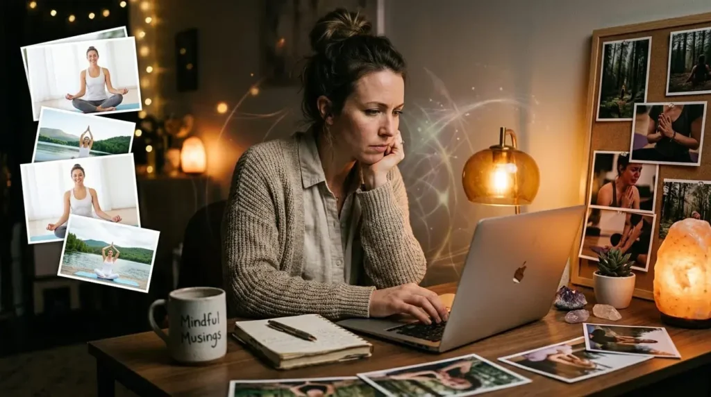 Spiritual content creator selecting authentic stock photography for a wellness website