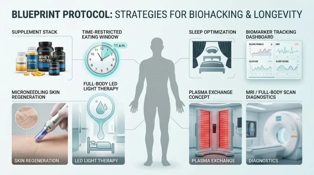 Photorealistic medical infographic showing a blueprint-style biohacking protocol with supplements, fasting schedule, biomarker tracking, and clinical longevity technologies