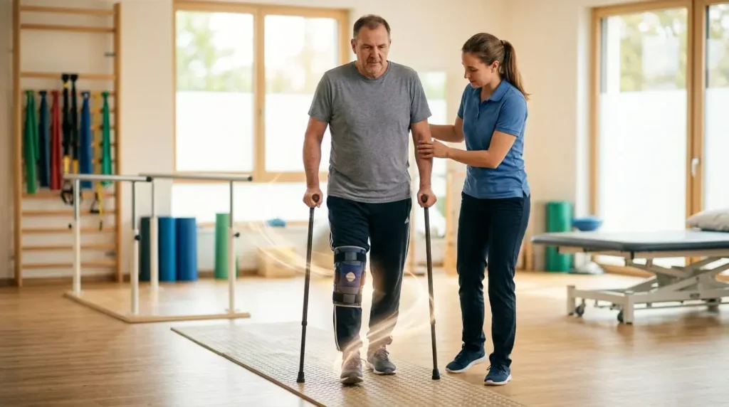 Person using cane in physical therapy session relearning movement after injury with therapist support