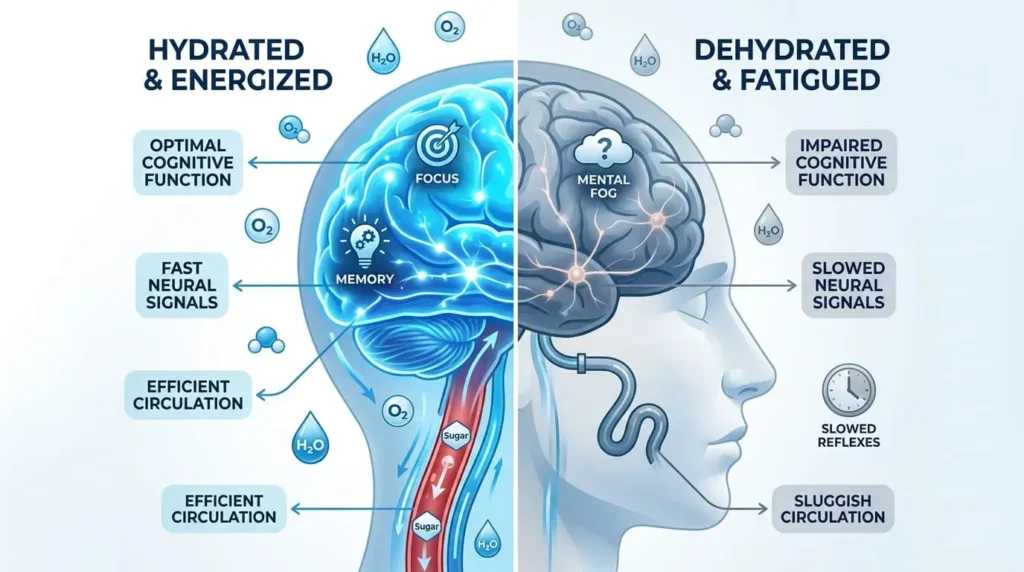 Infographic showing the effects of dehydration on brain performance and mental clarity