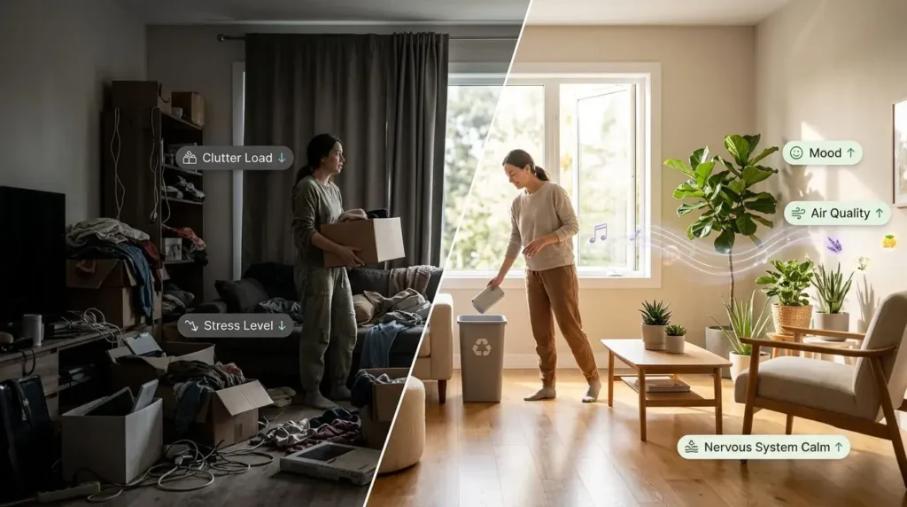Single-room transformation from cluttered stressful home to calm minimalist space with sunlight, plants, and wellness indicators