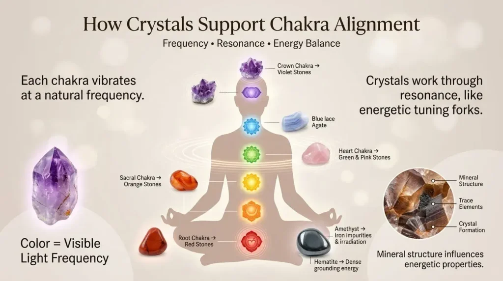 Photorealistic infographic showing chakra energy centers aligned with healing crystals and vibrational resonance concepts