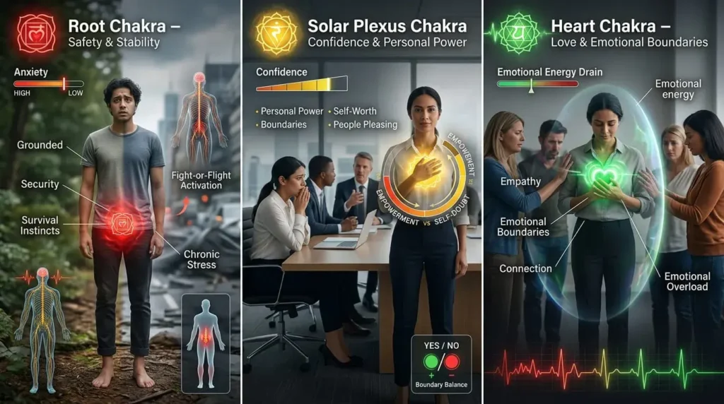 Three-panel chakra infographic showing grounding, personal power, and emotional boundaries