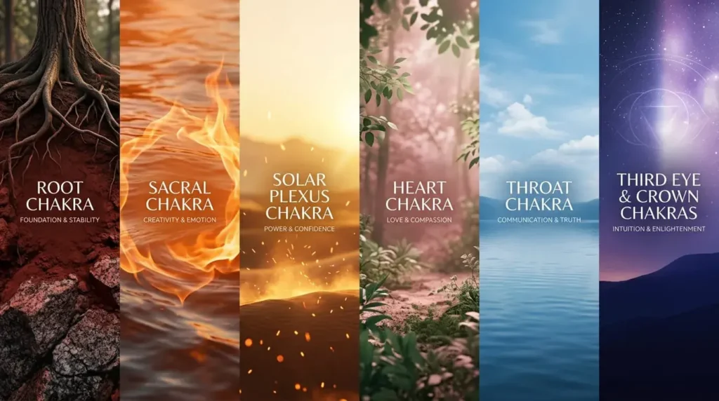 Modern infographic showing chakra-inspired colors, textures, and spiritual visual themes