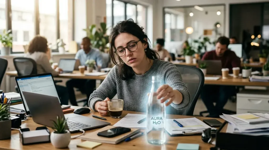 Tired office worker choosing water instead of coffee during an afternoon energy slump