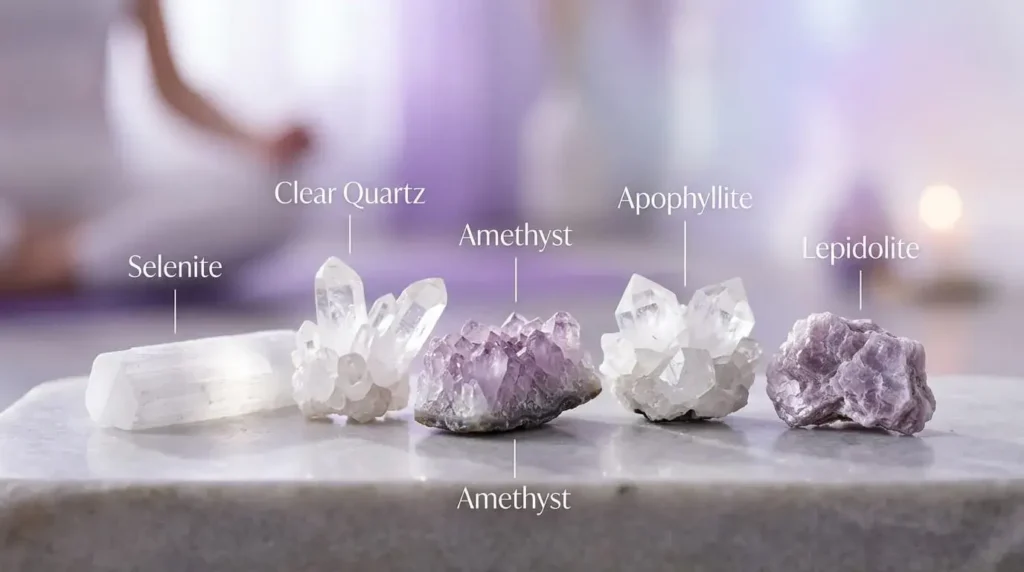 Photorealistic labeled Crown Chakra crystals on marble surface including clear quartz, amethyst, selenite, apophyllite, and lepidolite
