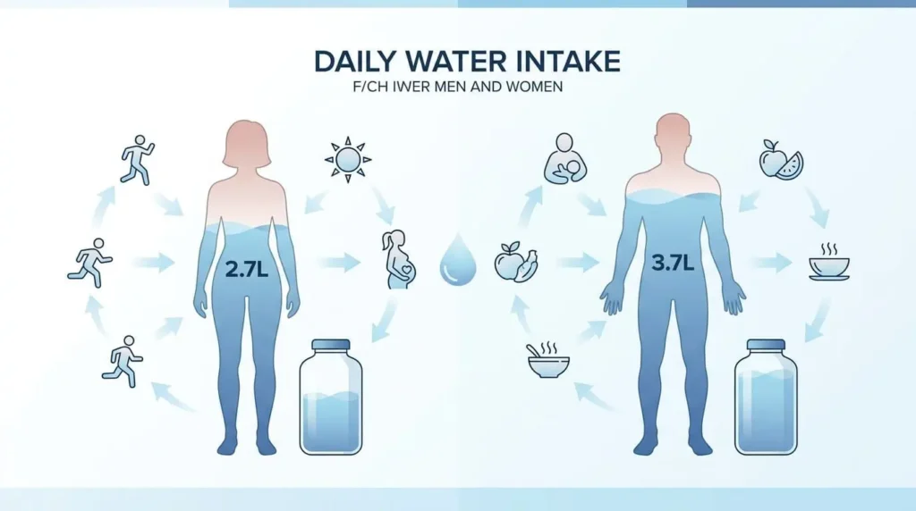 Infographic showing daily fluid intake recommendations for men and women