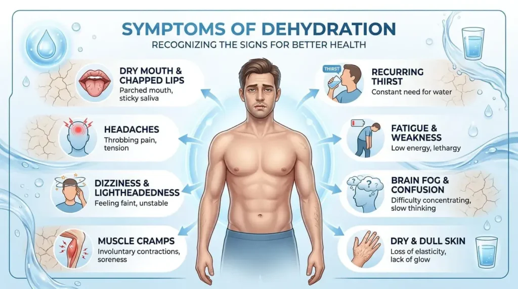 Infographic showing physical and mental signs of dehydration in the human body