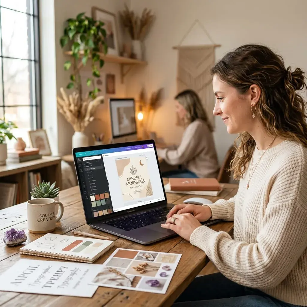Content creator designing spiritual blog graphics using beginner-friendly design software