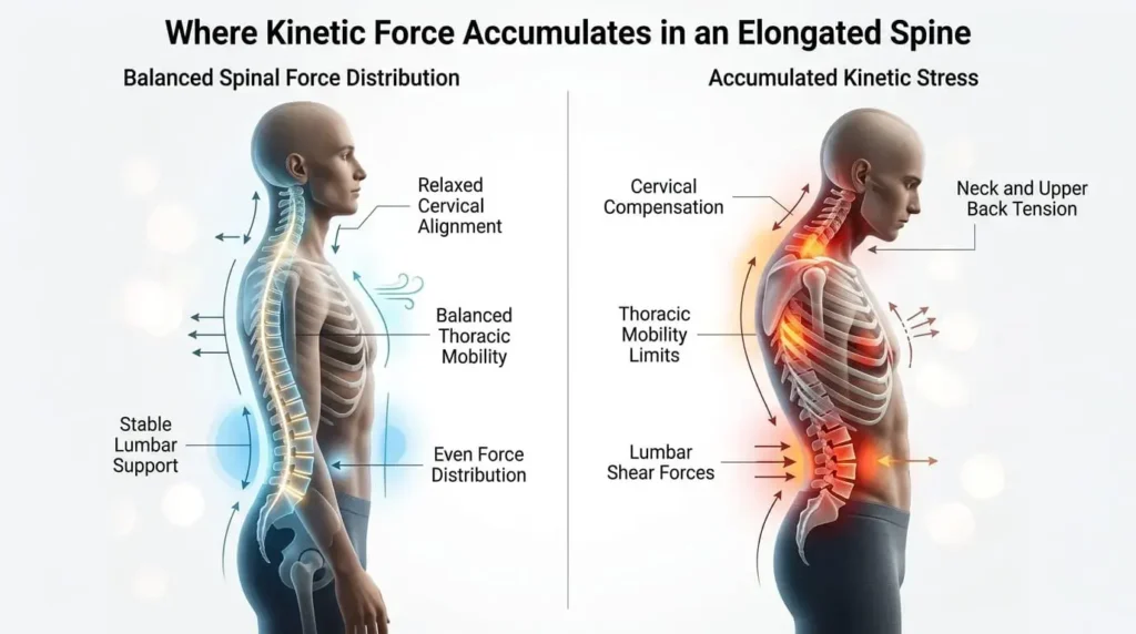 Side-by-side medical infographic showing healthy and unhealthy force distribution in a tall elongated spine