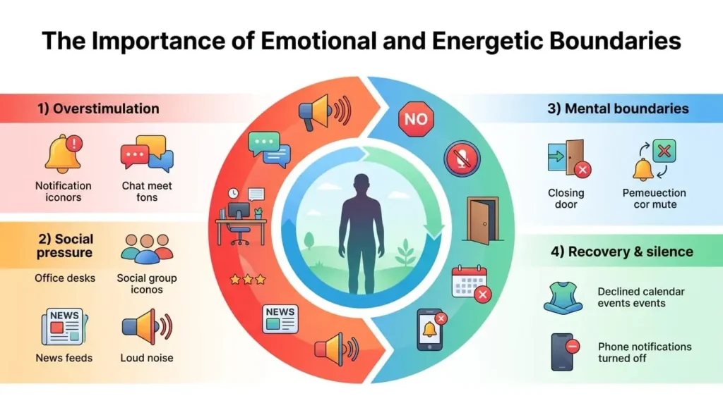 Infographic showing emotional and energetic boundaries with human silhouette, digital overload elements, and calm protected space