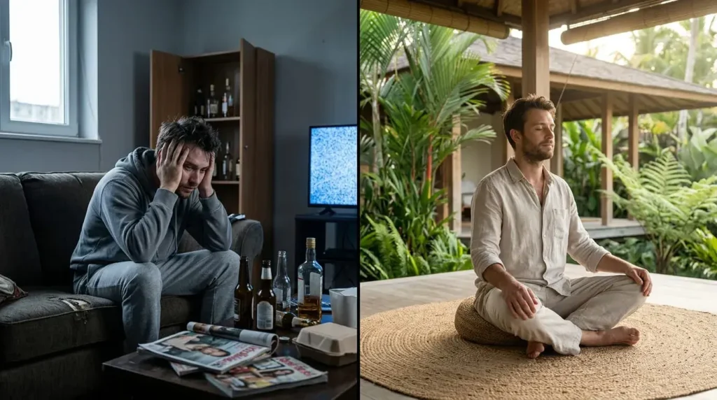 Side by side image comparing alcohol recovery at home versus recovery in a peaceful healing retreat environment
