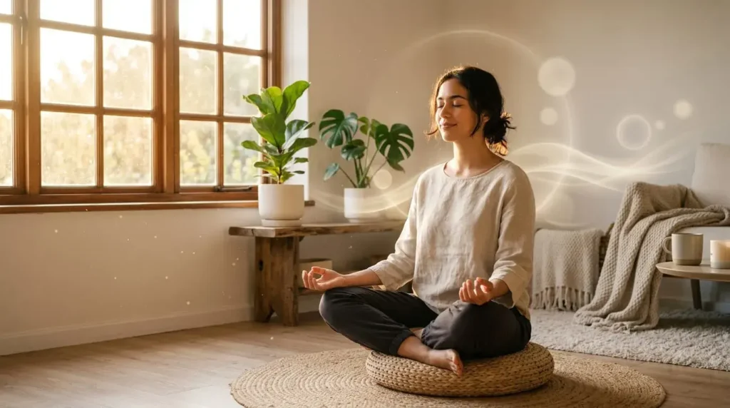 Peaceful person practicing mindfulness in a calm sunlit room symbolizing awareness, balance, and emotional stability