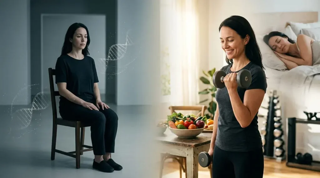 Photorealistic split scene showing genetic influence versus lifestyle behavior impact on aging outcomes