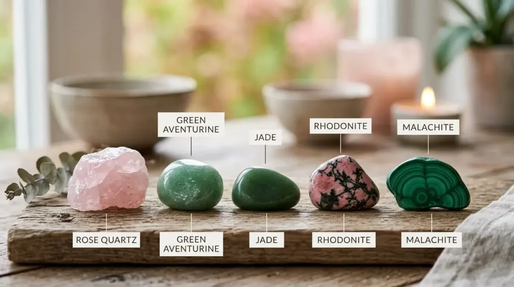Photorealistic labeled Heart Chakra crystals on wooden surface including rose quartz, green aventurine, jade, rhodonite, and malachite
