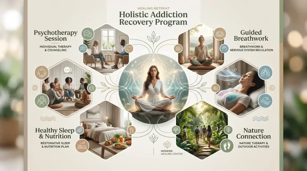 Modern infographic showing therapy, meditation, breathwork, nature, nutrition, sleep, and community support in addiction recovery