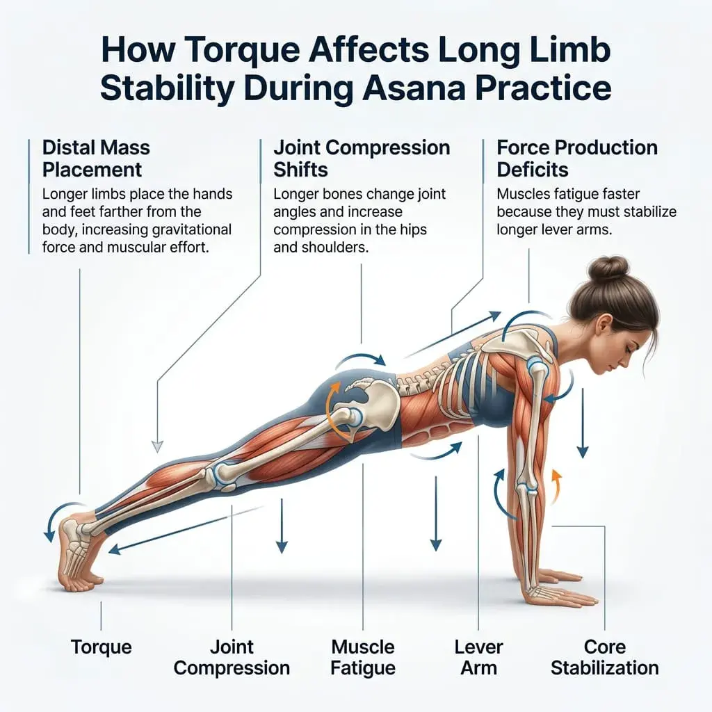 Simple medical infographic explaining torque and muscle fatigue in long-limbed yoga practitioners