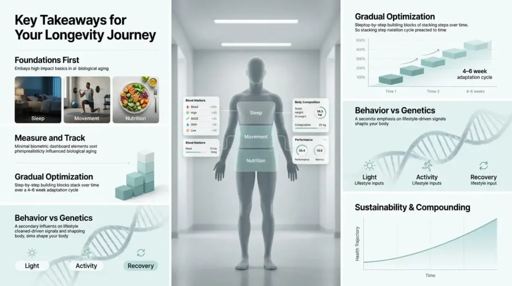 Photorealistic medical infographic summarizing longevity principles including sleep, movement, nutrition, tracking, and sustainable behavior for healthy aging