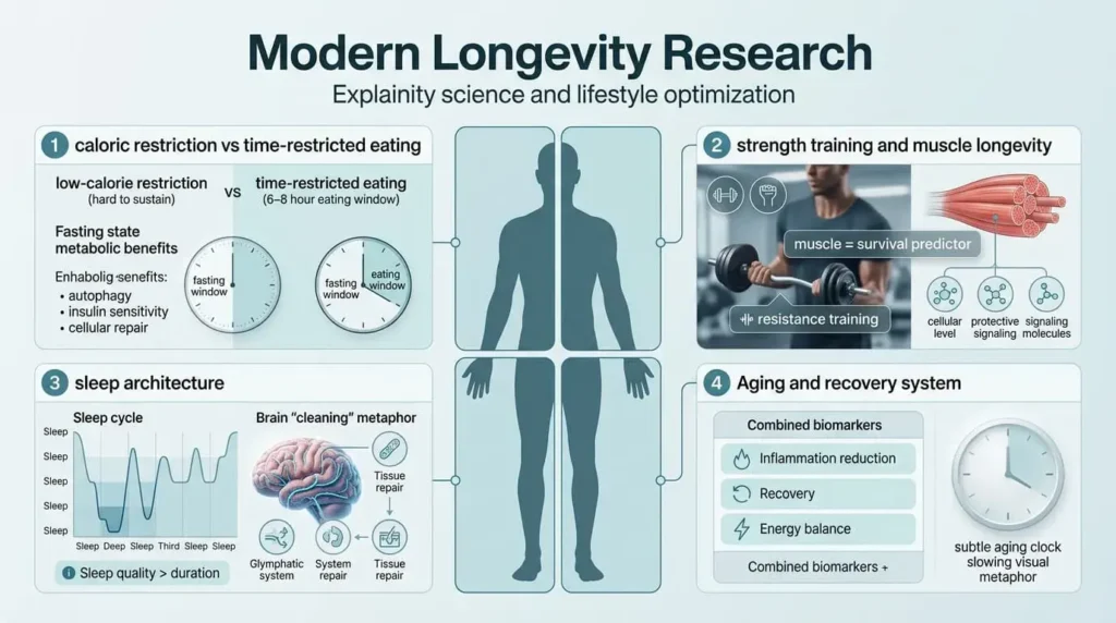 Medical infographic showing caloric restriction, time-restricted eating, strength training, and sleep quality as key drivers of longevity