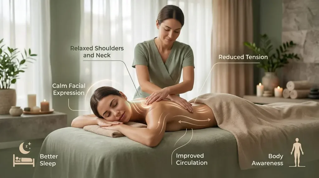 Illustrated infographic showing massage therapy benefits including relaxation, improved sleep, and reduced tension