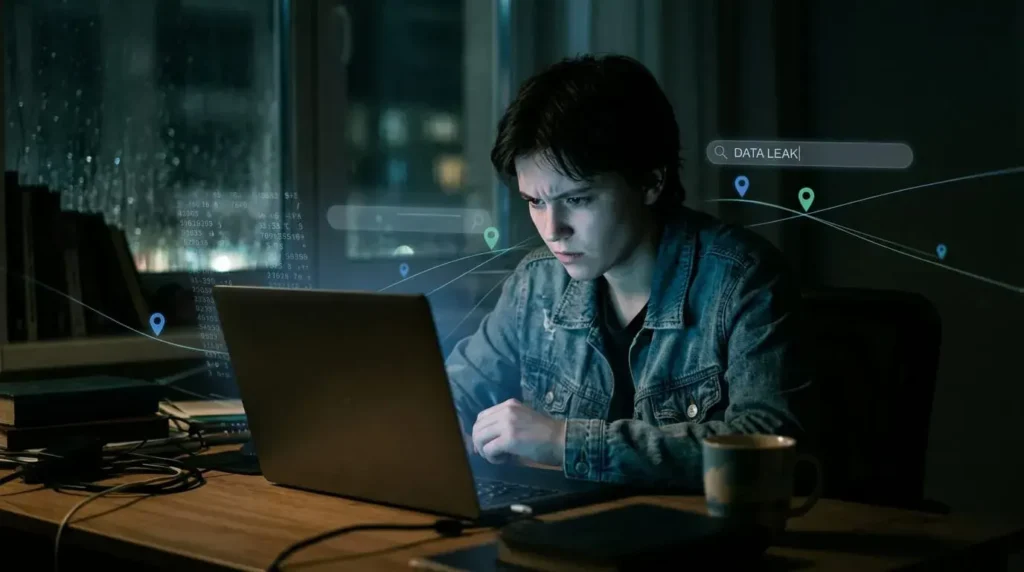 Person using laptop at night surrounded by digital data overlays symbolizing online tracking and surveillance anxiety