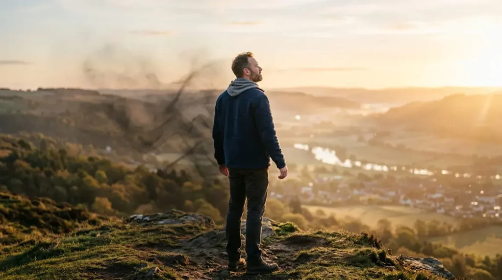 Man standing at sunrise symbolizing spiritual recovery and emotional renewal after stopping alcohol