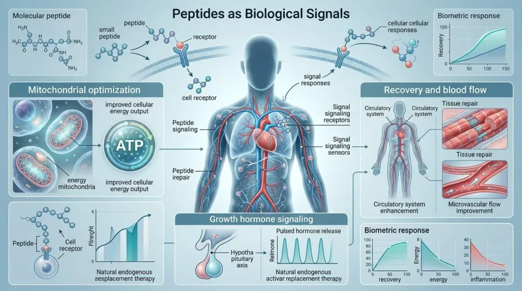 Medical infographic showing how peptides signal cells to improve mitochondrial energy, blood flow, recovery, and hormone regulation