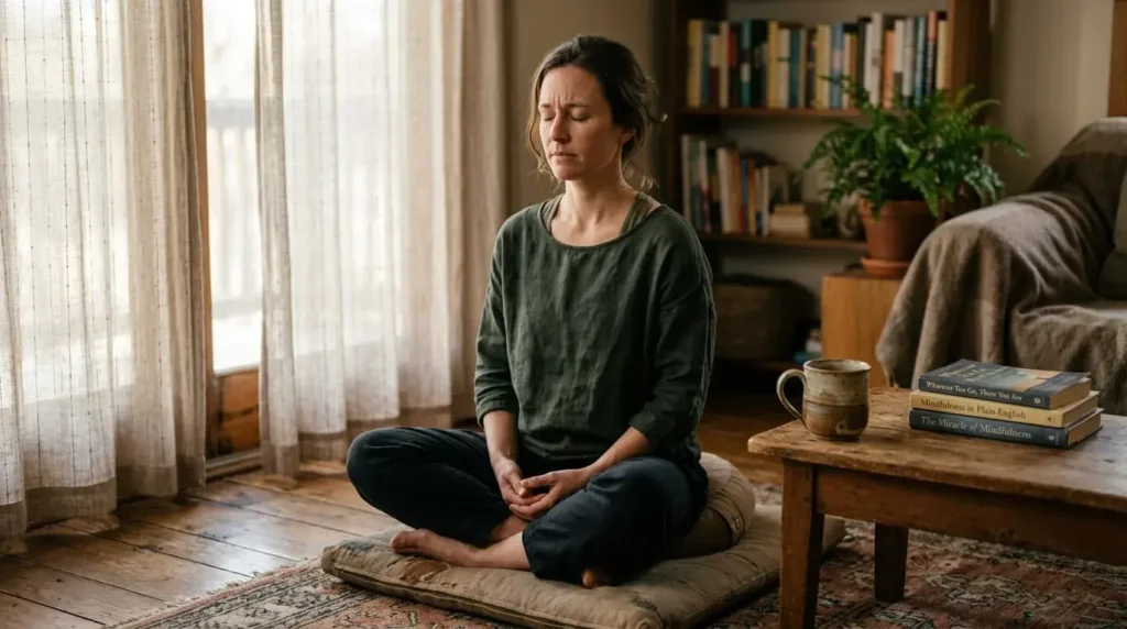 Meditation practitioner showing authentic emotion in a quiet spiritual setting