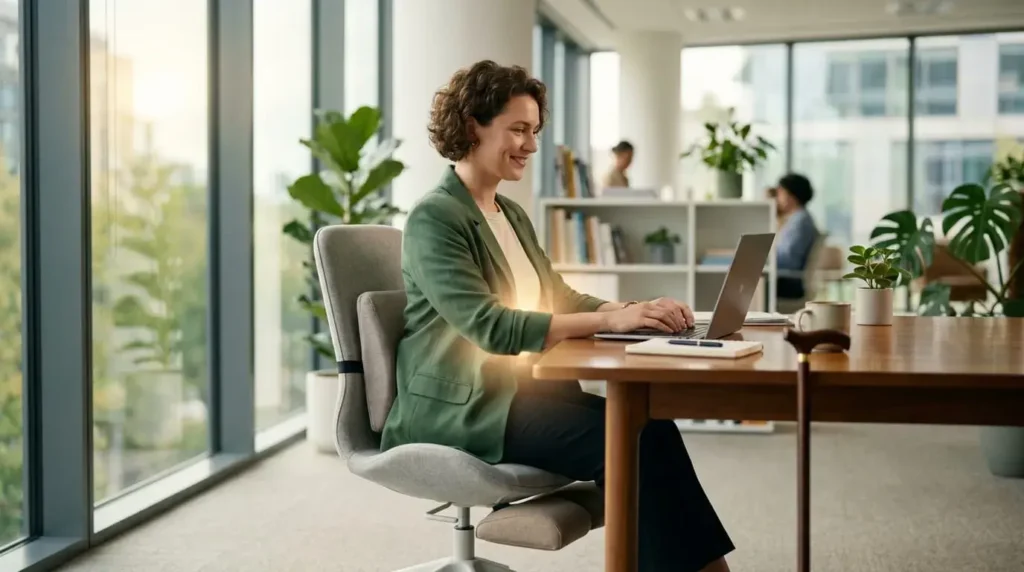 Person easing back into work at desk after injury recovery representing confidence and regained purpose