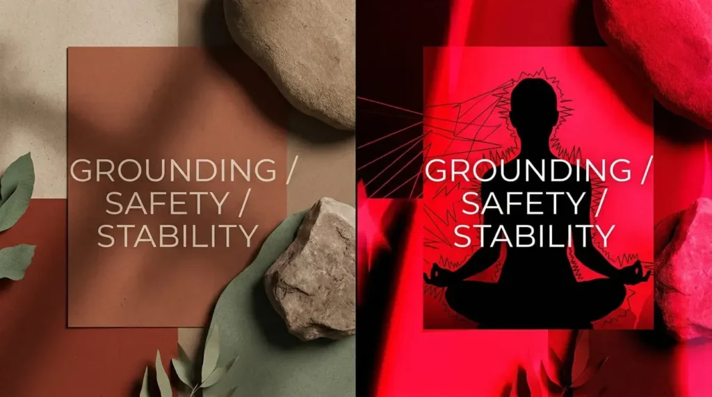 Side-by-side comparison of calm earthy vs neon red root chakra article design showing emotional impact of color choices