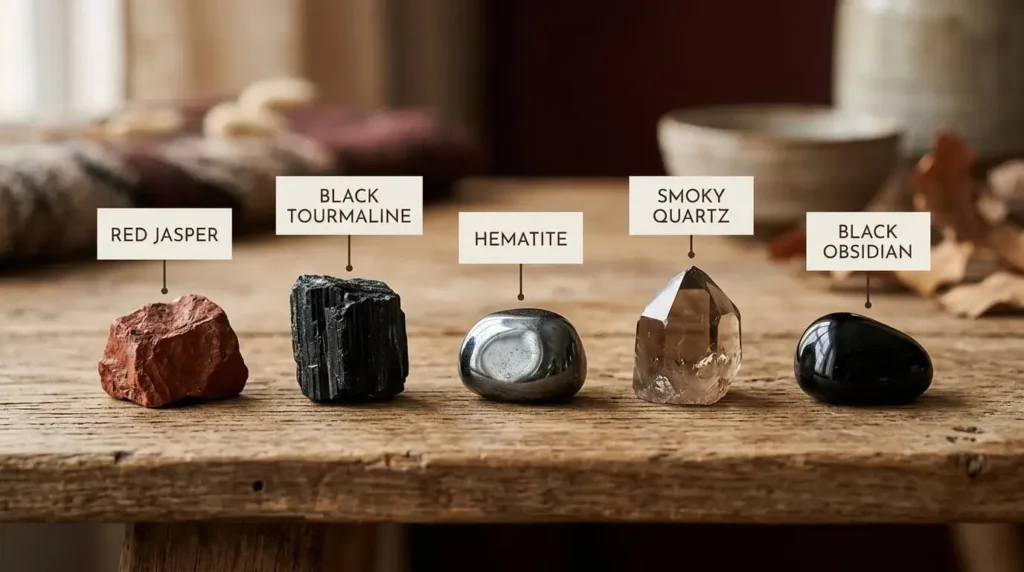 Photorealistic labeled Root Chakra crystals on wooden surface including red jasper, hematite, black tourmaline, smoky quartz, and black obsidian