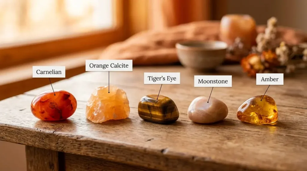Photorealistic labeled Sacral Chakra crystals on wooden surface including carnelian, orange calcite, tiger’s eye, moonstone, and amber