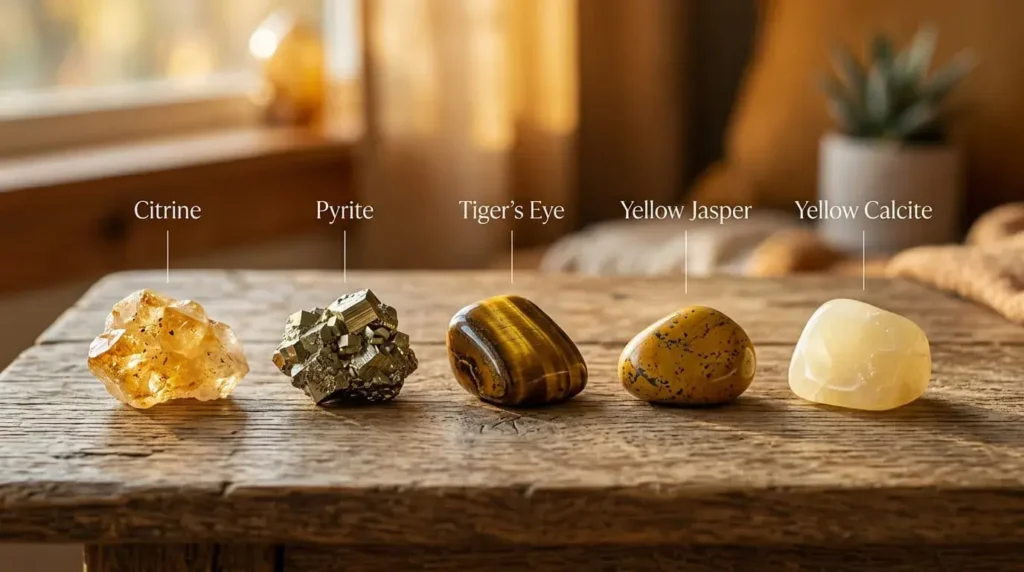 Photorealistic labeled Solar Plexus Chakra crystals on wooden surface including citrine, pyrite, tiger’s eye, yellow jasper, and yellow calcite