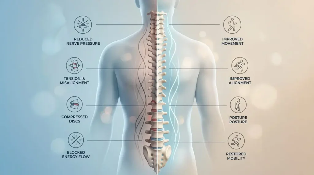 Illustrated infographic of the human spine showing alignment versus misalignment and how chiropractic care supports posture, movement, and body flow