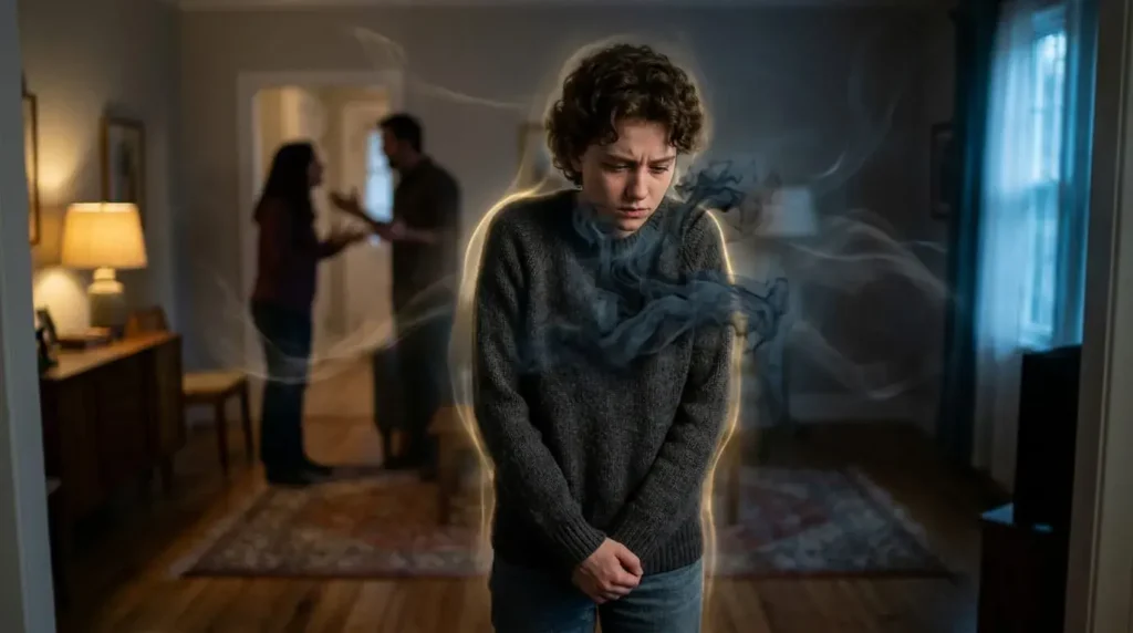 Person experiencing emotional heaviness and aura sensitivity after absorbing negative energy