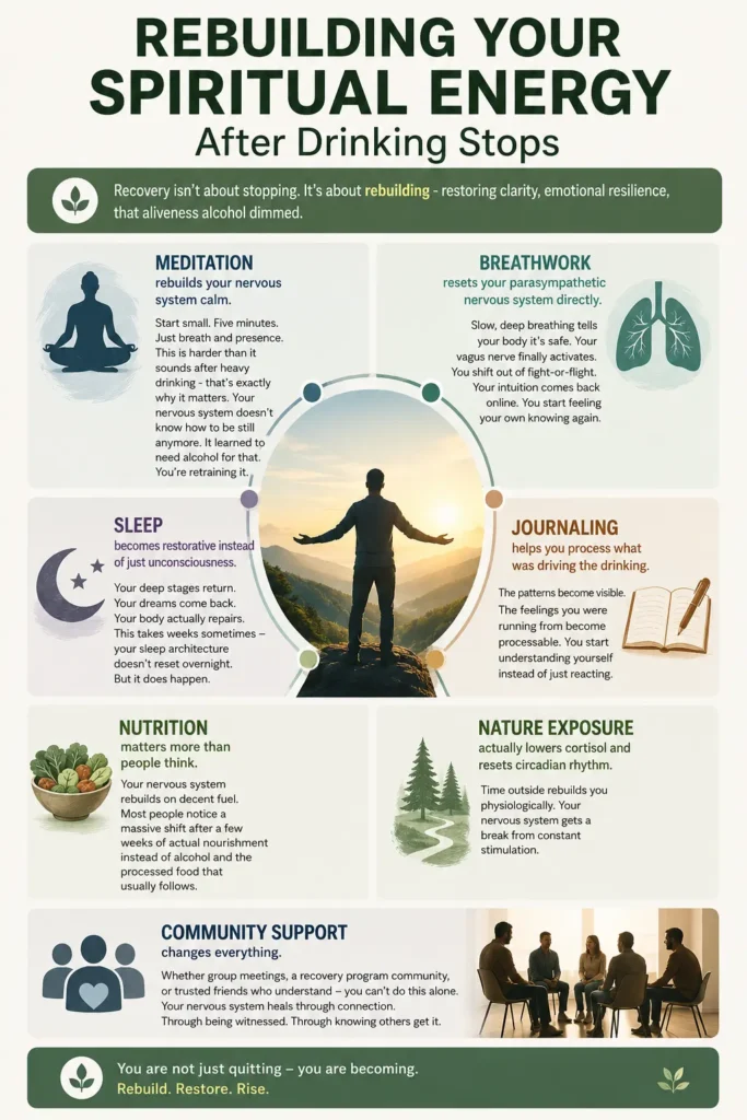 Infographic showing steps of spiritual and nervous system recovery after stopping alcohol including meditation, breathwork, sleep, nutrition, nature, journaling, and community