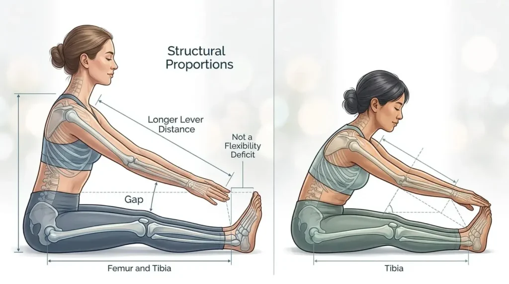 Biomechanical illustration showing how long leg proportions affect seated forward fold flexibility in taller individuals