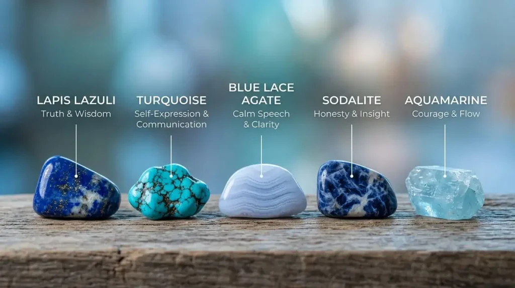 Photorealistic labeled Third Eye Chakra crystals on dark stone surface including amethyst, labradorite, fluorite, and sodalite