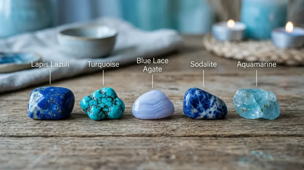 Photorealistic labeled Third Eye Chakra crystals on dark stone surface including amethyst, labradorite, fluorite, and sodalite