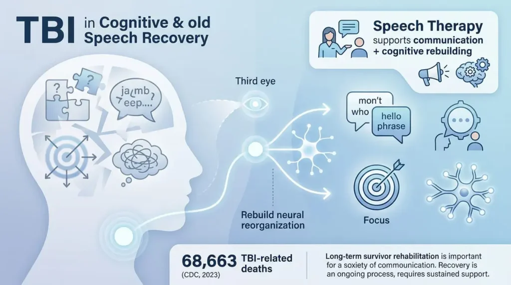 Infographic showing traumatic brain injury effects and speech therapy supporting memory focus and cognitive recovery