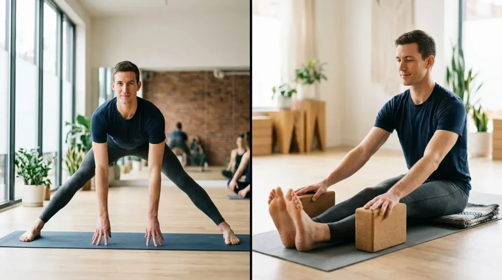 Side-by-side photorealistic image showing wide stance yoga posture and yoga blocks for tall practitioners